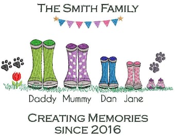 Family Boot Digitized Machine Embroidery Design Wellies Baby Boots Bunting Grass, Dog & Cat Paw Angel wings halo mix/match Mud boots