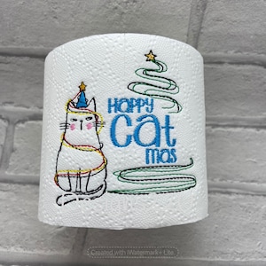 Happy Catmas Rotolo di carta igienica digitalizzata macchina ricamo Design Download digitale 4x4 ottimo regalo di Natale, amante dei gatti