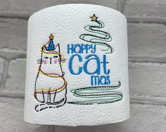 Happy Catmas Toilet Roll Digitized Machine Embroidery Design Digital Download 4x4  great Christmas gift item, cat lover