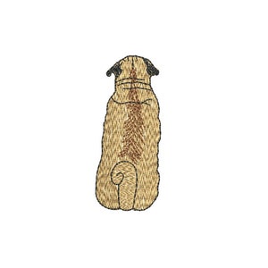 May include: A brown pug dog sitting with its back to the viewer. The dog has a short, wrinkled face and a curled tail.