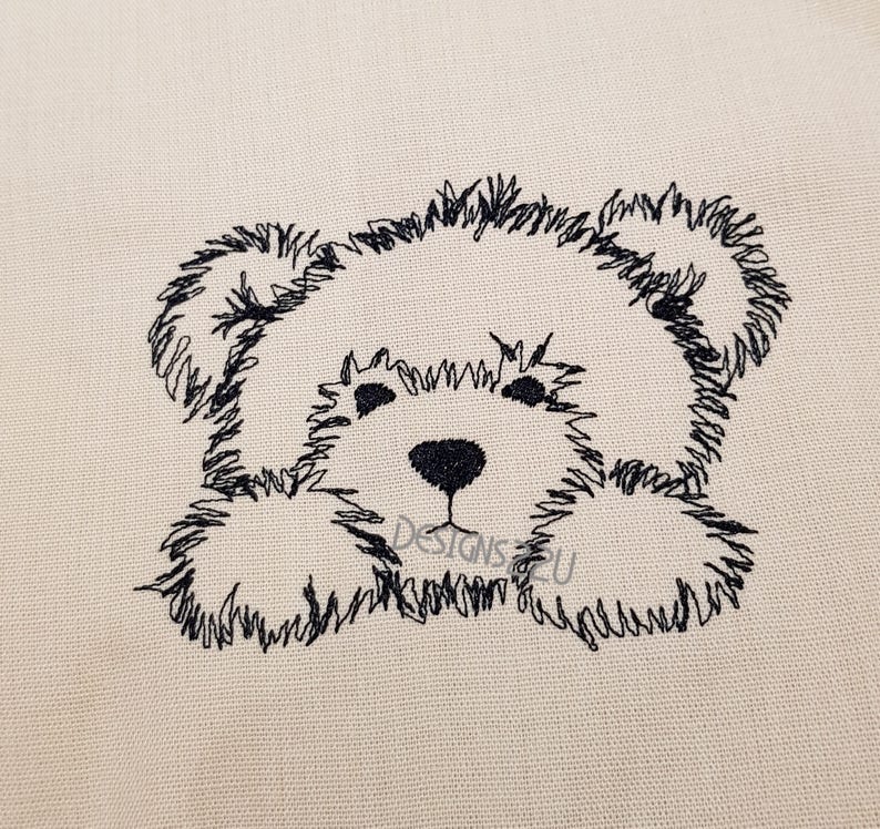 May include: Black and white embroidered design of a dog with fluffy fur. The dog is lying down with its head tilted up and its eyes closed.