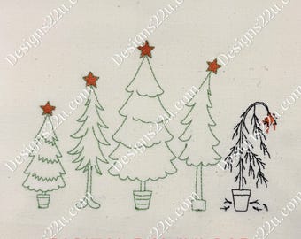 Line of comic Christmas trees with and without colour Digitised Machine Embroidery Design fits 5x7 inch hoop Digital Download