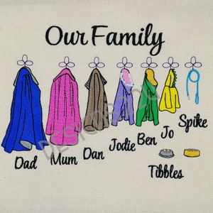 Hanging Coats Family Digitized Machine Embroidery Design to mix/match Dad, Mum, 4 children, lead, pet food bowls, Design your own family