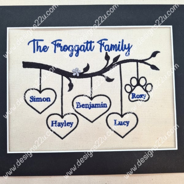 Branch Family Tree Mix and Match Digitized Machine Embroidery Design fully embroidered with blank heart shapes for names design your own