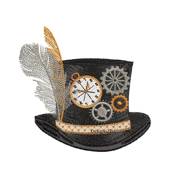 Steampunk Hat Digitized Machine Embroidery Design Digital Download Victoriana HG Wells riding top hat clock cogs feathers 8x8
