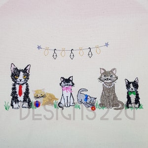 Cat Family Digitized Machine Embroidery Design Cats kittens with bow, ball, flower, bow tie, Bunting, Grass, mix/match great family design