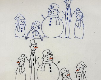 Line of comic snowmen with and without colour Digitised Machine Embroidery Design fits 5x7 inch hoop Digital Download