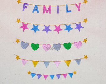 Bunting 5 Variations Digitized Machine Embroidery Design Digital Download Ideal for Family Designs Stars Hearts Triangles FAMILY