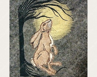 10x8 Moongazing Hare raw edge applique with/without background Digitized Machine Embroidery Design Great gift for frames, cushions aprons