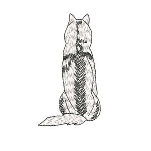 Peut inclure: Dessin au trait noir et blanc d'un loup assis, la queue enroulée derrière lui. Le loup est tourné dos au spectateur.