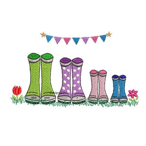 Family Boot Digitized Machine Embroidery Design 4 sets of Wellies Bunting Grass Mud boots Gum boots 5x7 hoop great decor design Picture