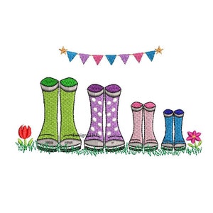 May include: An embroidery design of a family of five rain boots. The boots are green, purple with white polka dots, pink, and blue. The boots are lined up in a row on a green grassy surface. There is a string of colourful flags above the boots and a red tulip and a pink flower on either side of the boots.