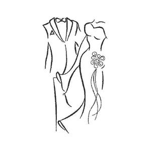 Bride and Groom Tuxedo & Wedding Gown: 3 sizes Digitized Machine Embroidery Design Digital Download Bouquet Satin Stitch/Line Drawing