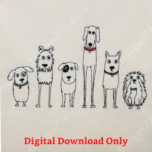 Puede incluir: Una ilustración de arte lineal con seis perros de diferentes tamaños y texturas de pelaje de pie en fila. Cada perro lleva un collar sencillo en colores como verde, rojo y azul. El texto Digital Download Only aparece en rojo en la parte inferior.