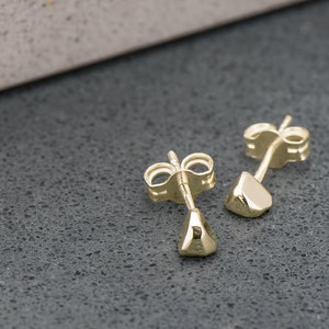 Op de afbeelding: Een paar gouden oorbelletjes met een geometrisch, facetgeslepen ontwerp. De oorbelletjes zijn klein en delicaat.