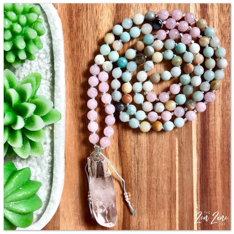 Mala Beads Spiritual Jewelry Rose Quartz Necklace Amazonite 108 Beaded Necklace 108 Mala Open Heart Mala Mala Necklace Gemstone Mala