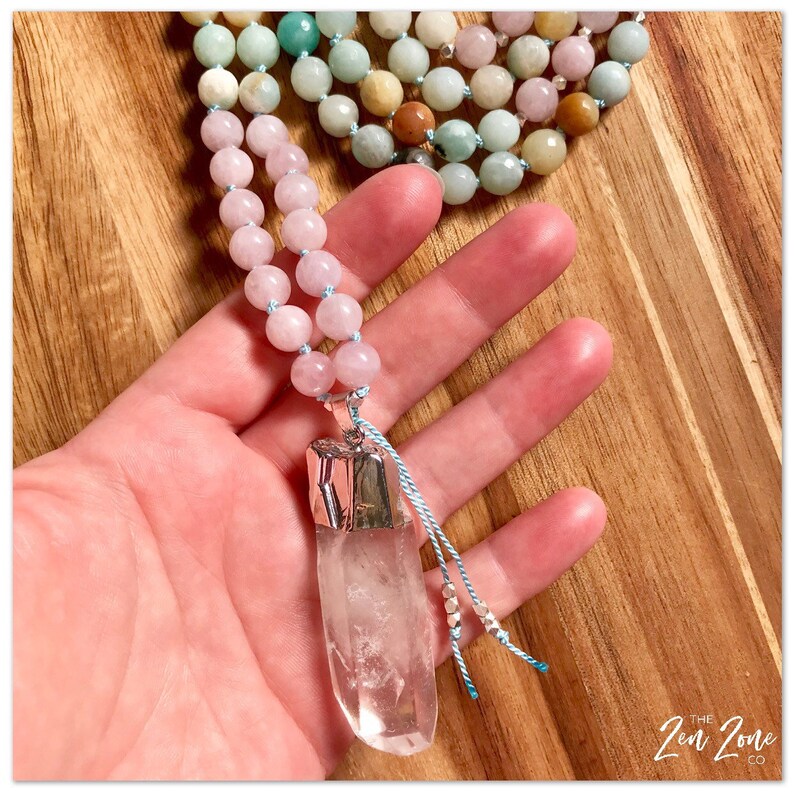 Mala Beads Spiritual Jewelry Rose Quartz Necklace Amazonite 108 Beaded Necklace 108 Mala Open Heart Mala Mala Necklace Gemstone Mala