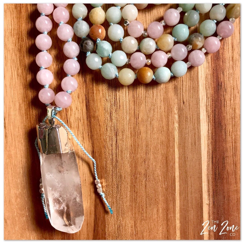 Mala Beads Spiritual Jewelry Rose Quartz Necklace Amazonite 108 Beaded Necklace 108 Mala Open Heart Mala Mala Necklace Gemstone Mala
