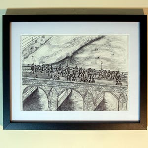 May include: Black framed pen and ink drawing of a bridge with multiple arches. Figures are walking across the bridge. The sky is detailed with clouds and a large hand. The artwork is matted.