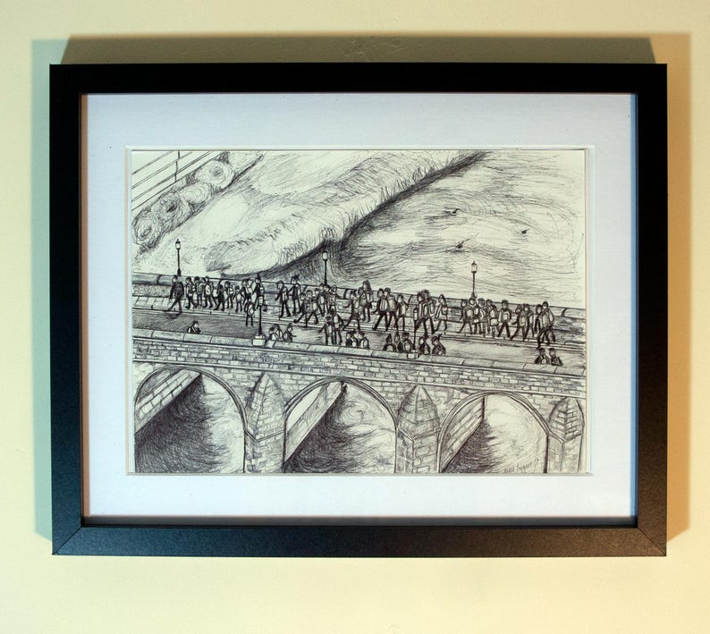 May include: Black framed pen and ink drawing of a bridge with multiple arches. Figures are walking across the bridge. The sky is detailed with clouds and a large hand. The artwork is matted.