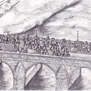 May include: A detailed pencil sketch depicts a stone bridge with multiple arches. People are walking across the bridge, and the background shows a large, textured shape, possibly a hand or a landscape. The style is illustrative.