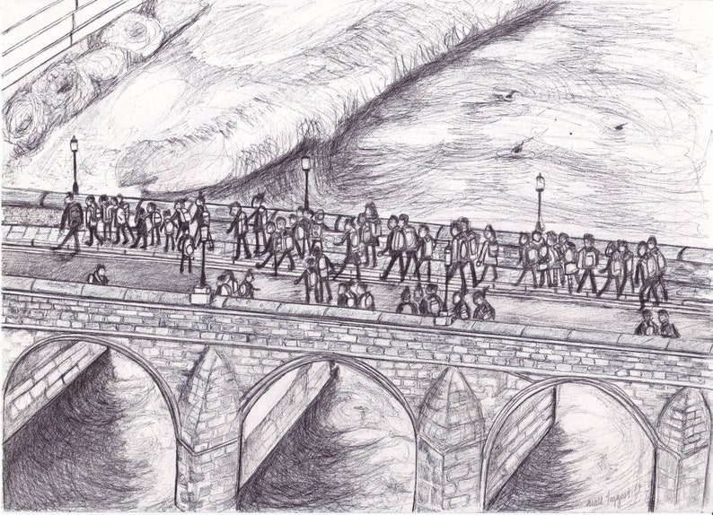 May include: A detailed pencil sketch depicts a stone bridge with multiple arches. People are walking across the bridge, and the background shows a large, textured shape, possibly a hand or a landscape. The style is illustrative.