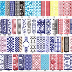 Pode incluir: Uma coleção de painéis decorativos retangulares com vários padrões geométricos e abstratos recortados. Os painéis apresentam uma gama de cores, incluindo vermelho, azul, amarelo e preto. Os desenhos variam de linhas simples a formas complexas.