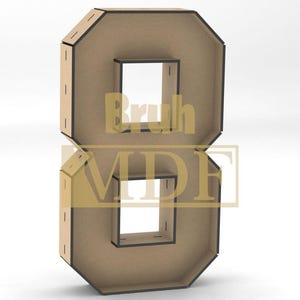 Pode incluir: Um grande número oito independente feito de madeira MDF castanha clara. O número tem um design geométrico com uma borda preta e um centro oco. O texto "Bruh MDF" é visível no número.