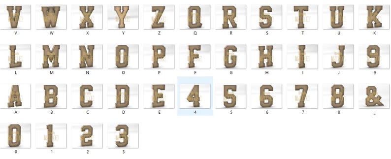 May include: A collection of wooden letters, numbers, and an ampersand. The letters are in a serif font and have a distressed, rustic appearance. The numbers include 0 through 9. The ampersand is also included.