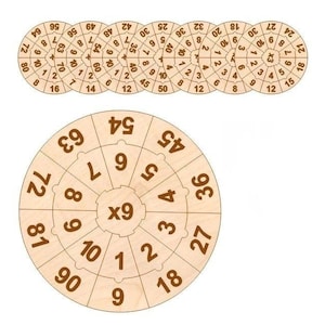 Puede incluir: Herramienta de aprendizaje de la multiplicación de madera con un diseño circular y números dispuestos alrededor del perímetro. El centro del círculo muestra "x9". También se muestran piezas de madera adicionales con diseños similares.
