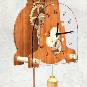 May include: A wooden clock with visible gears and a clear face displaying the numbers. The clock has a pendulum and a light brown wooden frame. The clock's hands are black, and the gears are gold.