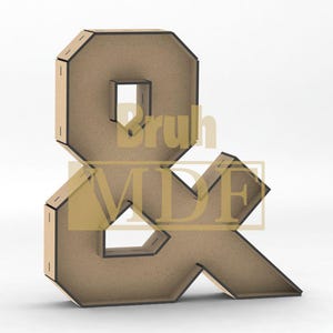May include: A large, freestanding ampersand symbol made of light brown MDF wood. The edges are outlined in black, and the design has a geometric, angular appearance. The text "Bruh MDF" is partially visible across the symbol.