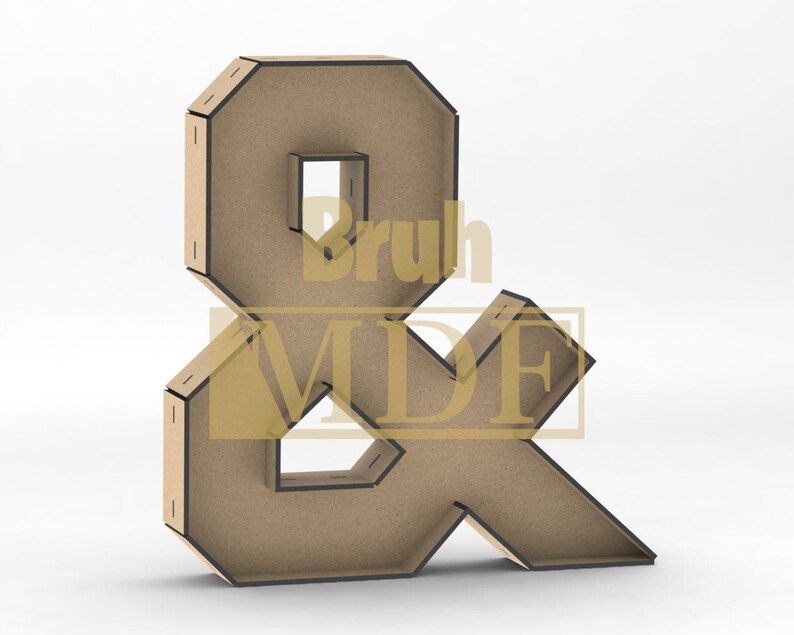 May include: A large, freestanding ampersand symbol made of light brown MDF wood. The edges are outlined in black, and the design has a geometric, angular appearance. The text "Bruh MDF" is partially visible across the symbol.