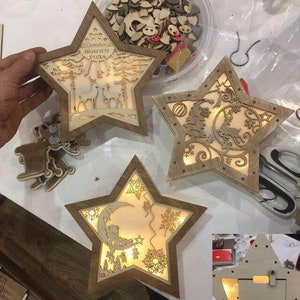 Lasergesneden STER op kerstboom Nieuwjaar, nachtlampje, slee en rendier van de Kerstman als wanddecoratie, hangende houten boom, nachtlampje met ster