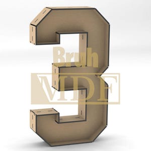 May include: A large, three-dimensional number 3, constructed from light brown MDF with dark brown edges. The number is free-standing and has a geometric design. The text "Bruh MDF" is visible across the number.