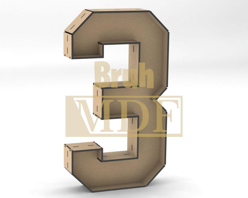 May include: A large, three-dimensional number 3, constructed from light brown MDF with dark brown edges. The number is free-standing and has a geometric design. The text "Bruh MDF" is visible across the number.