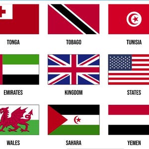 May include: A grid of fifteen rectangular national flags arranged in three rows, each labeled with its corresponding country name in black text below the flag, including Togo, Tonga, Tobago, Tunisia, Turkey, Ukraine, Emirates, Kingdom, States, Uruguay, Virgin, Wales, Sahara, Yemen, and Zambia.