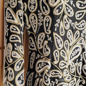 Festive Vintage Beaded Sequin Top, Black with White Gold Beads, Paisley Pattern, Holiday Glamorous Top, Sz. S, Fancy Long Sleeve Top