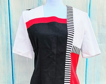 90s Colorblock Abstract Dress, Short Sleeve Black Red White, Vintage Geometric Sheath Dress, Like New, USA Made Eclectic Dress