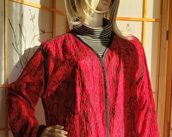 Chico's Reversible Red Black Jacket With Tags NOS Vintage Lightweight Embroidered Christmas Holiday Cardigan, Thin Kringle Texture Fabric XL