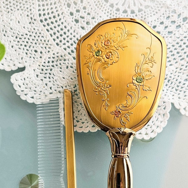 Antique Vanity Brush and Comb Set, Victorian Style Dresser Bathroom Decor, Gold and Flower Embossed