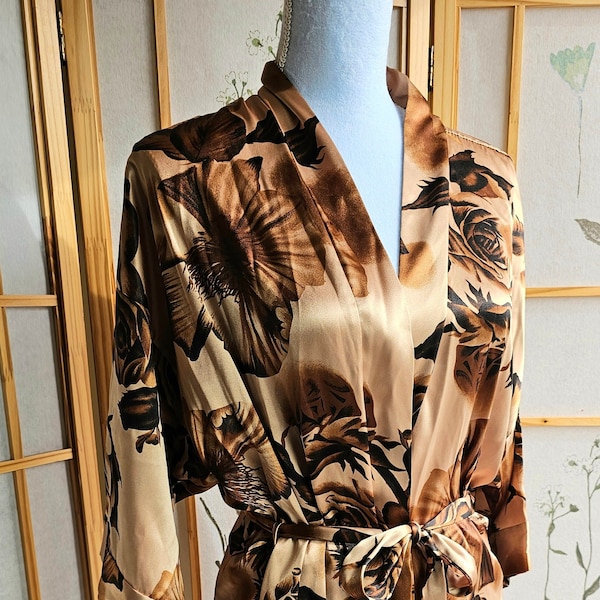 Vintage Polyester Satin Robe with Belt, Bold Floral Gold and Brown Print, Kristine Tyler Intimates USA Made, Kimono Style Robe, House Dress