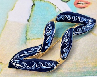 Vintage Blue Enameled Brooch with White Swirls, 80s 90s Abstract Twisted Gold Tone Metal Pin, Retro Mod Jewelry Comes in Gift Box