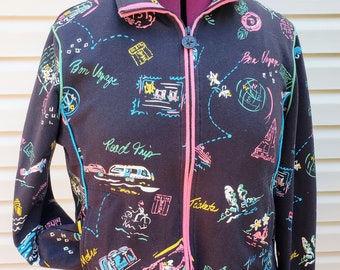Black Pink Vintage Jacket, Novelty Travel Print Full  Zip Up Lightweight Coat with Pockets, Vacation Outfit, 90s Fashion, Koret Petite Large