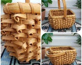 Unique Vintage Wicker Basket w Swing Handle, Beige Porcupine Curl Weave Small Woven Hand Basket, Wicker Plant Display, Wicker Scape