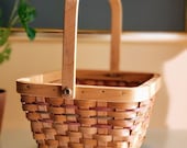 Vintage Beige Square Wicker Basket w Faint Red Green Stripes, Swing Handle, Primitive Farmhouse Decor, Natural Easter Basket, Spring Decor