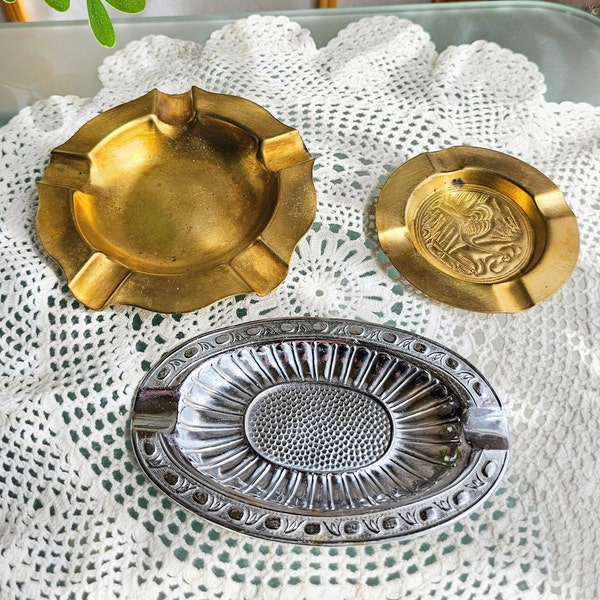 Set of 3 Small Vintage Ashtrays, Brass and Silver Tone Metal, Hand Hammered Bird (Flamingo or Ostrich) , Retro Barware, Mid Century Ashtray