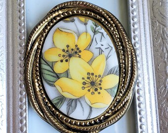 Vintage Yellow Flower Brooch, Gold Floral Pin, Germany Stamp on Back, Charming Retro Jewelry,  50s, Fashion Pin MCM