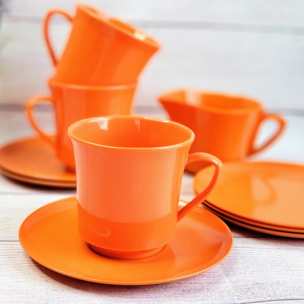 Vintage Melmac Plastic Breakfast Dishes 10 piece, Retro Orange Cups, Saucer, Plates & Creamer, Mid Century Kitchen, 70s  Laguna Los Angeles