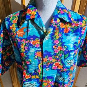 Vintage Hawaiian Shirt, Vivid Colors of Blue Pink Orange Aloha Hawaiian Island Tourist Shirt, 70s 80s Era Collard Unisex Shirt